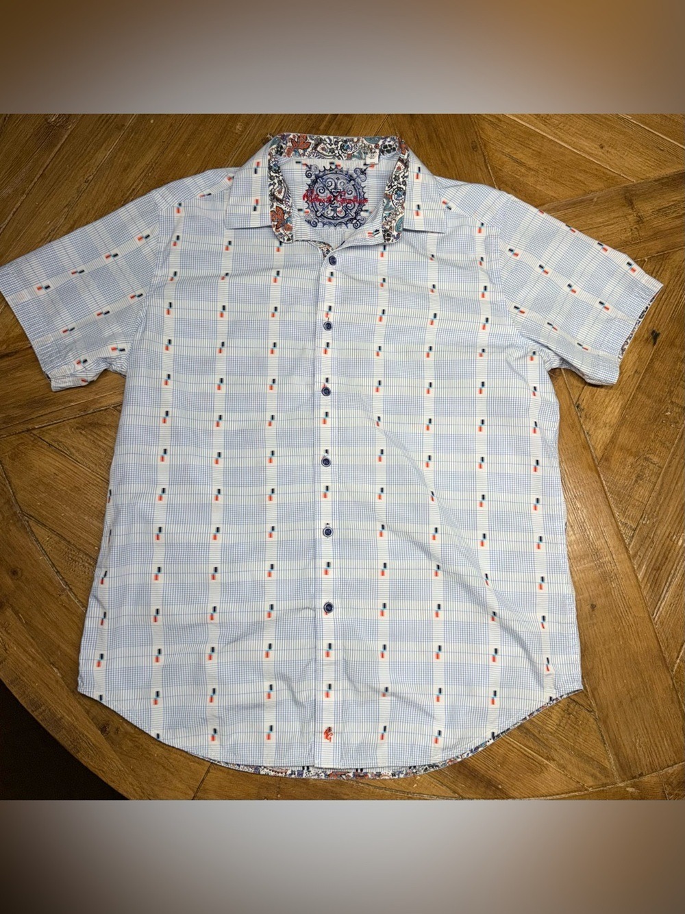 Robert Graham Blue Grid Geometric S/S Button Up Shirt Paisley Trim - medium